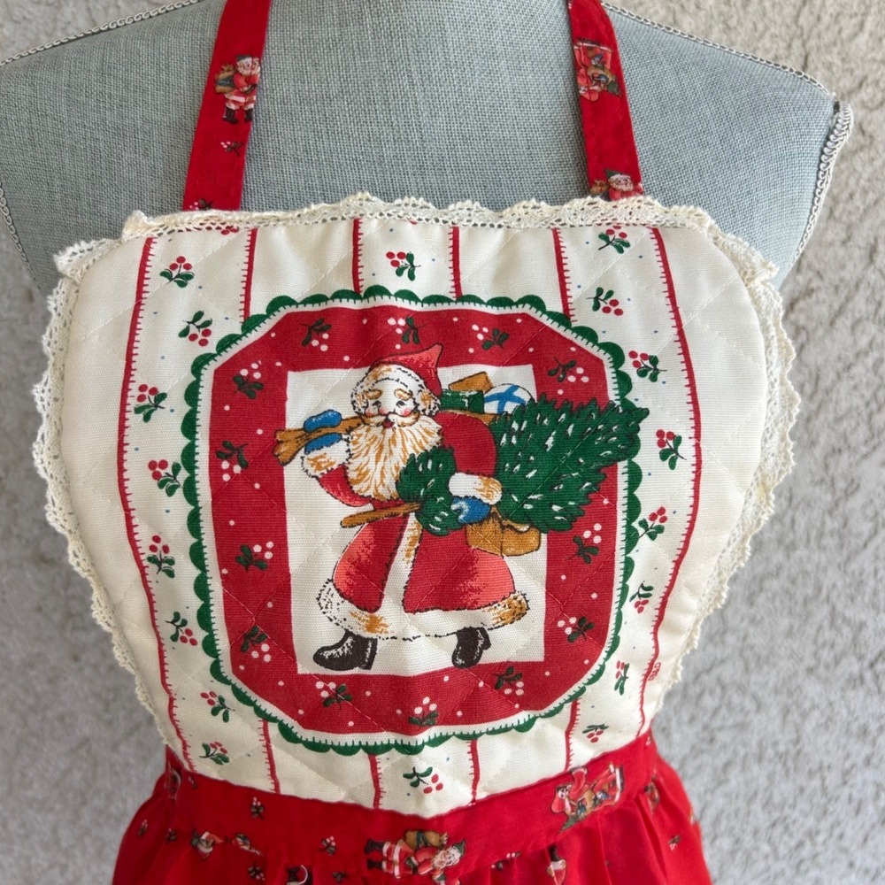 VTG 90s Gourmet Gallery Christmas Apron Quilted Bib Ruffle Trim EXCELLENT USA - Picture 2 of 7